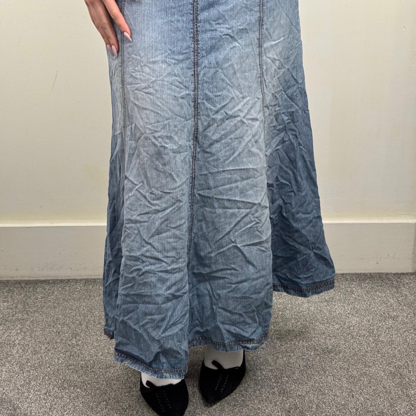 Y2K vintage denim maxi skirt light blue faded wash a line long full length