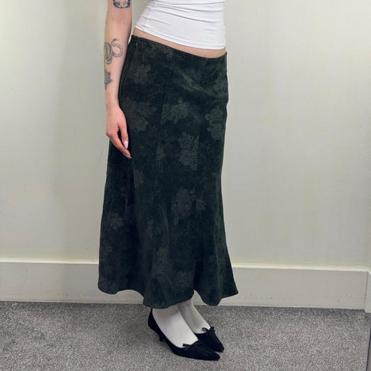 Y2K vintage maxi skirt corduroy floral pattern dark green stretchy a line