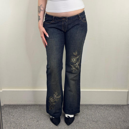 Y2K vintage Ted Baker bootcut denim jeans low rise embroidered flared beaded