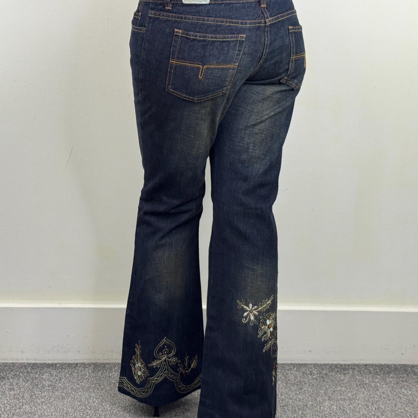 Y2K vintage Ted Baker bootcut denim jeans low rise embroidered flared beaded