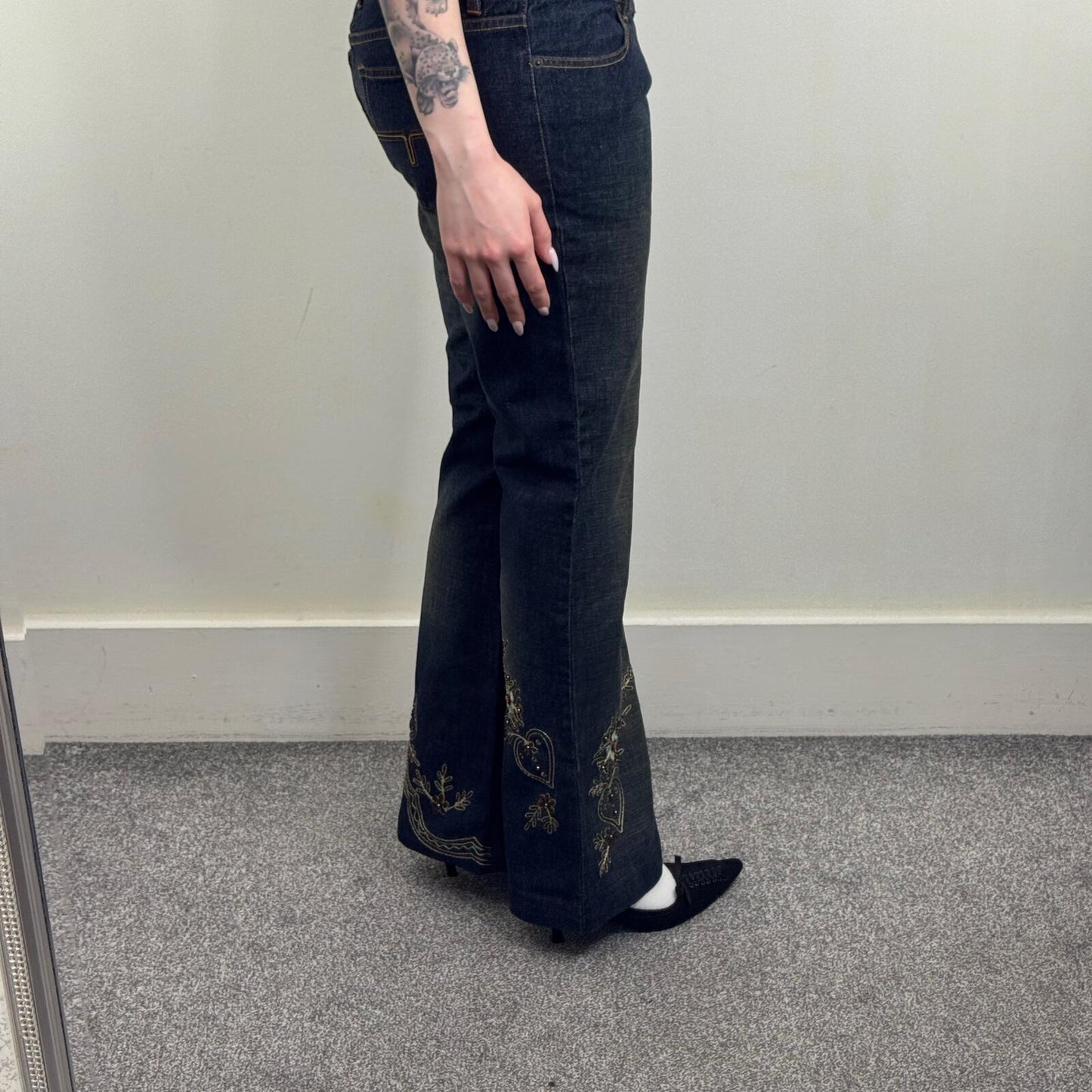 Y2K vintage Ted Baker bootcut denim jeans low rise embroidered flared beaded
