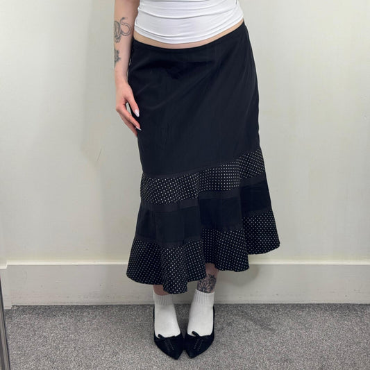Y2K vintage maxi skirt polka dot hem a line low rise spotty black white