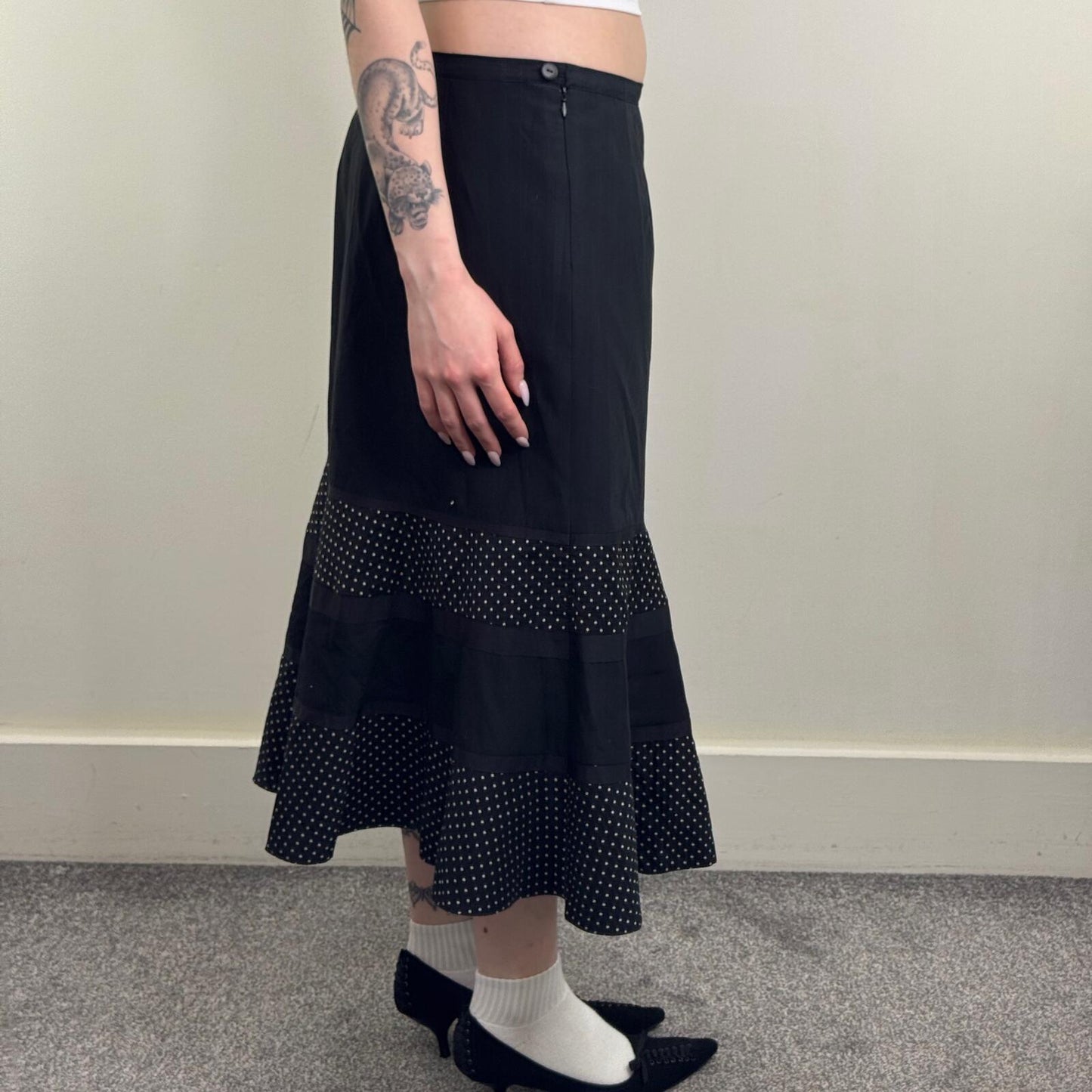 Y2K vintage maxi skirt polka dot hem a line low rise spotty black white