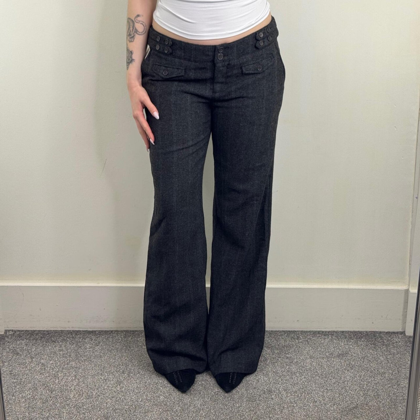 Y2K vintage tailored bootcut trousers dress formal office pinstripe wool blend