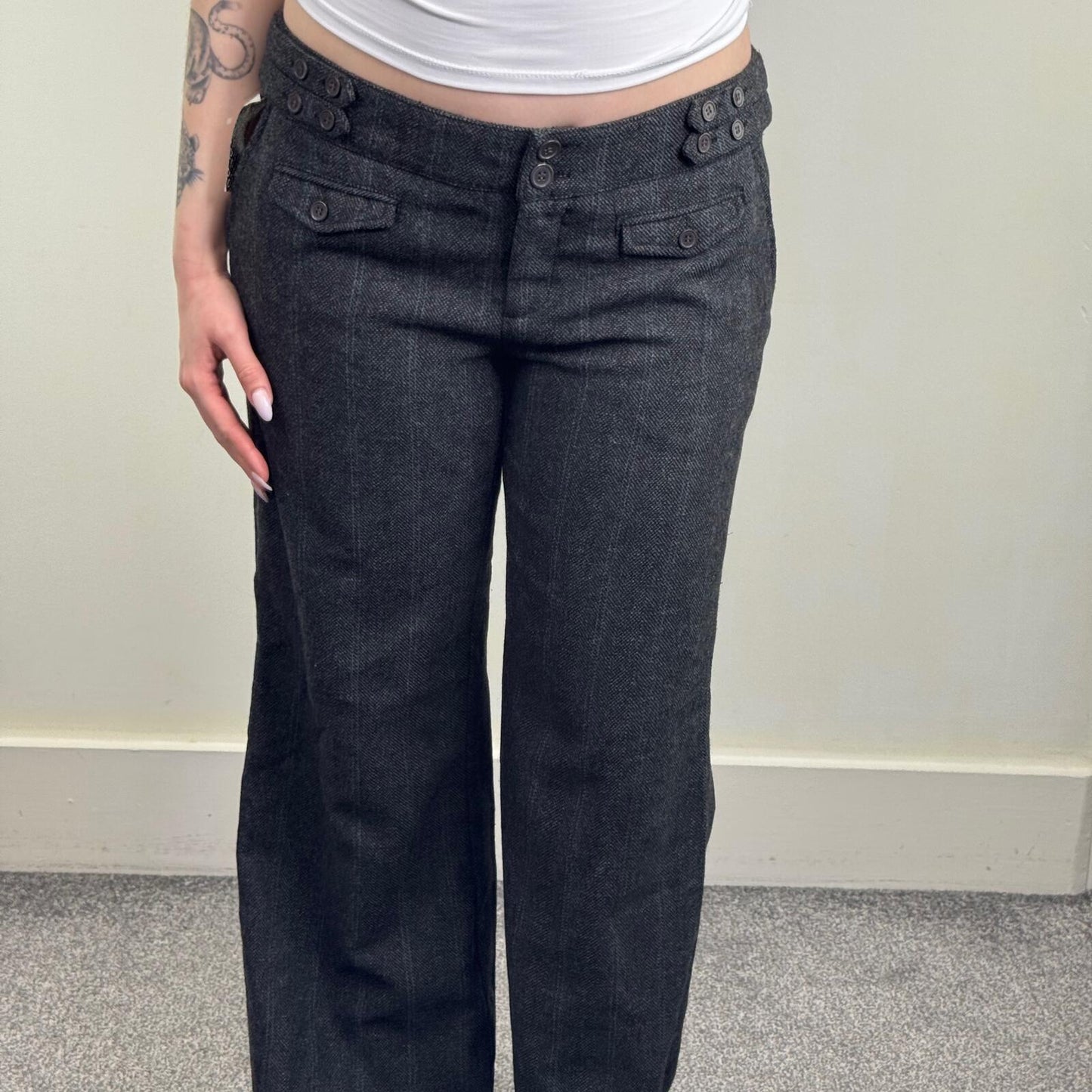 Y2K vintage tailored bootcut trousers dress formal office pinstripe wool blend