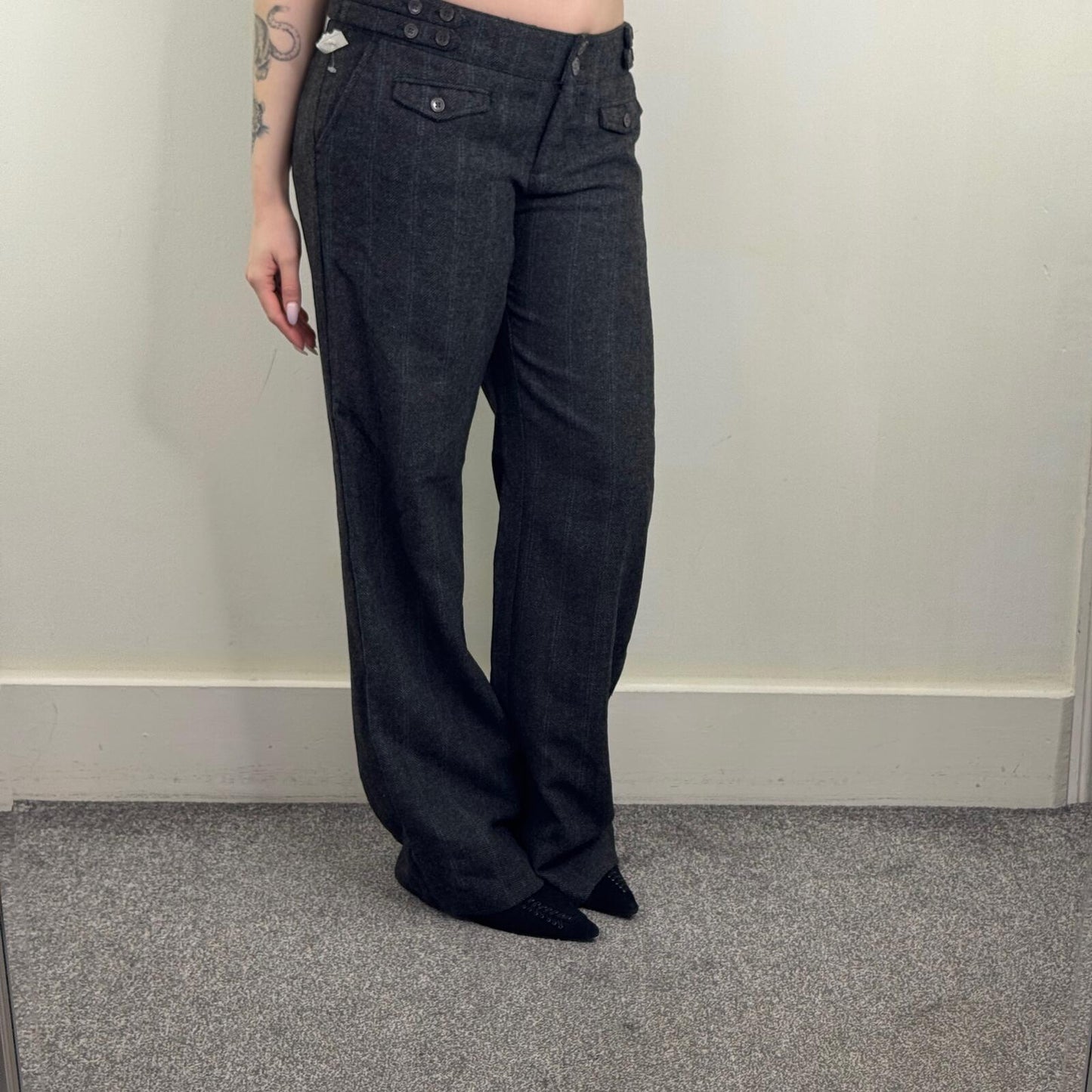 Y2K vintage tailored bootcut trousers dress formal office pinstripe wool blend