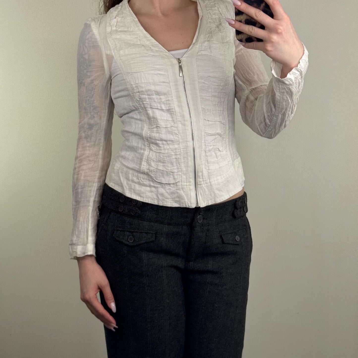 Y2K vintage blouse zip up long sleeve v neck sheer crinkle white silver