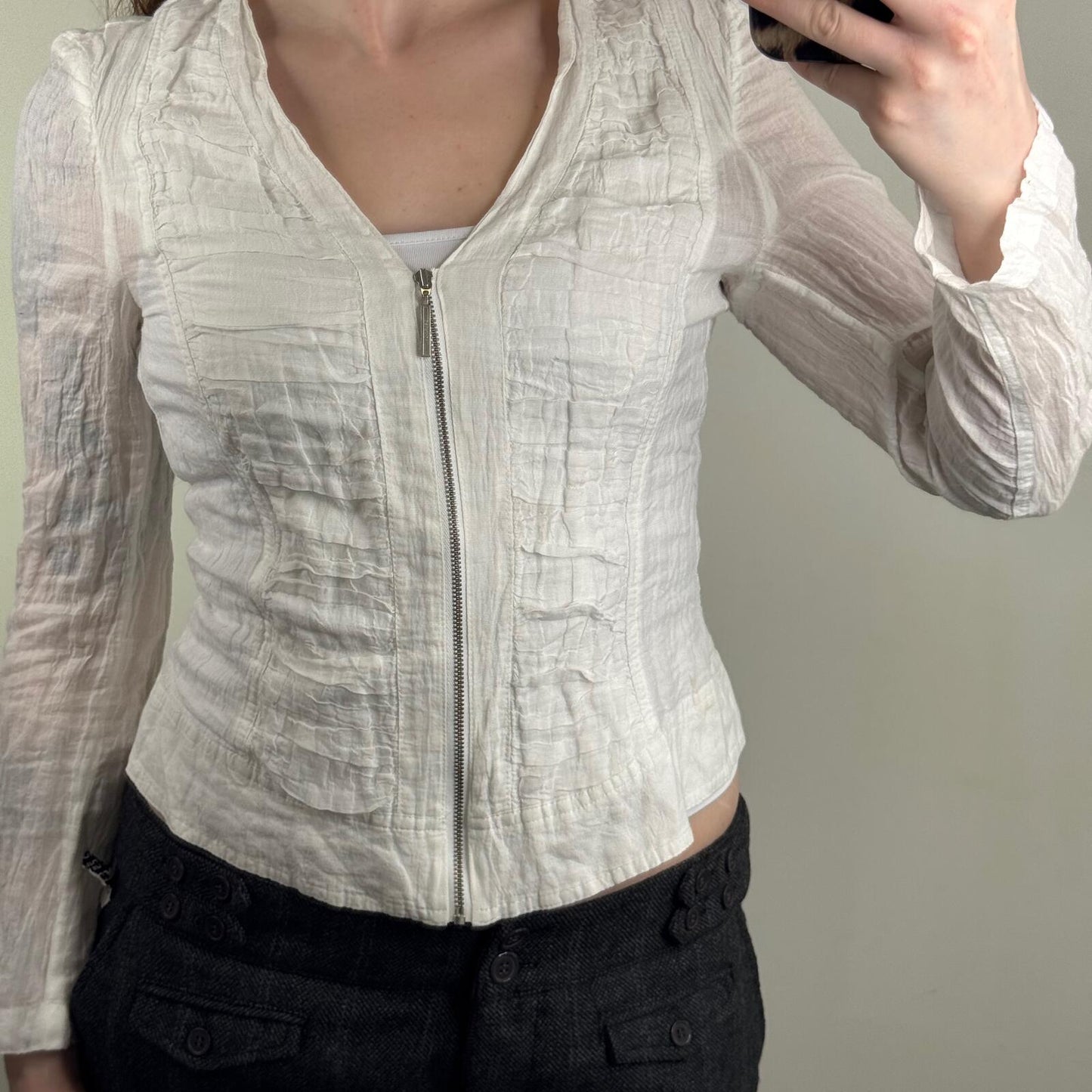 Y2K vintage blouse zip up long sleeve v neck sheer crinkle white silver