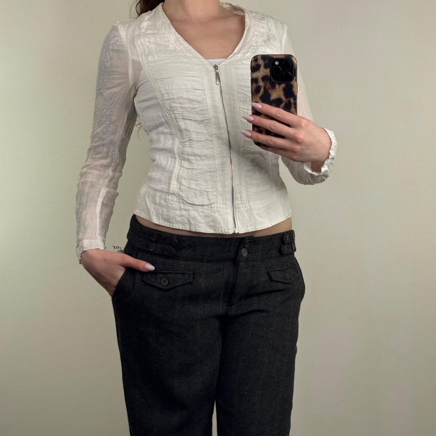 Y2K vintage blouse zip up long sleeve v neck sheer crinkle white silver