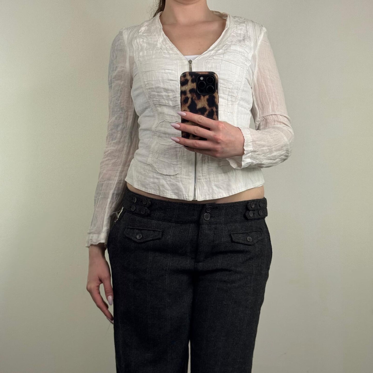 Y2K vintage blouse zip up long sleeve v neck sheer crinkle white silver