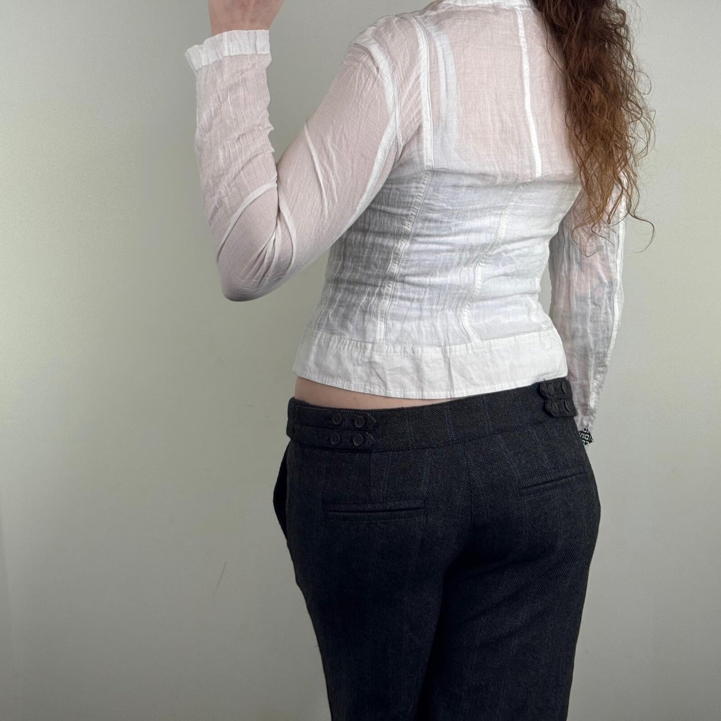 Y2K vintage blouse zip up long sleeve v neck sheer crinkle white silver