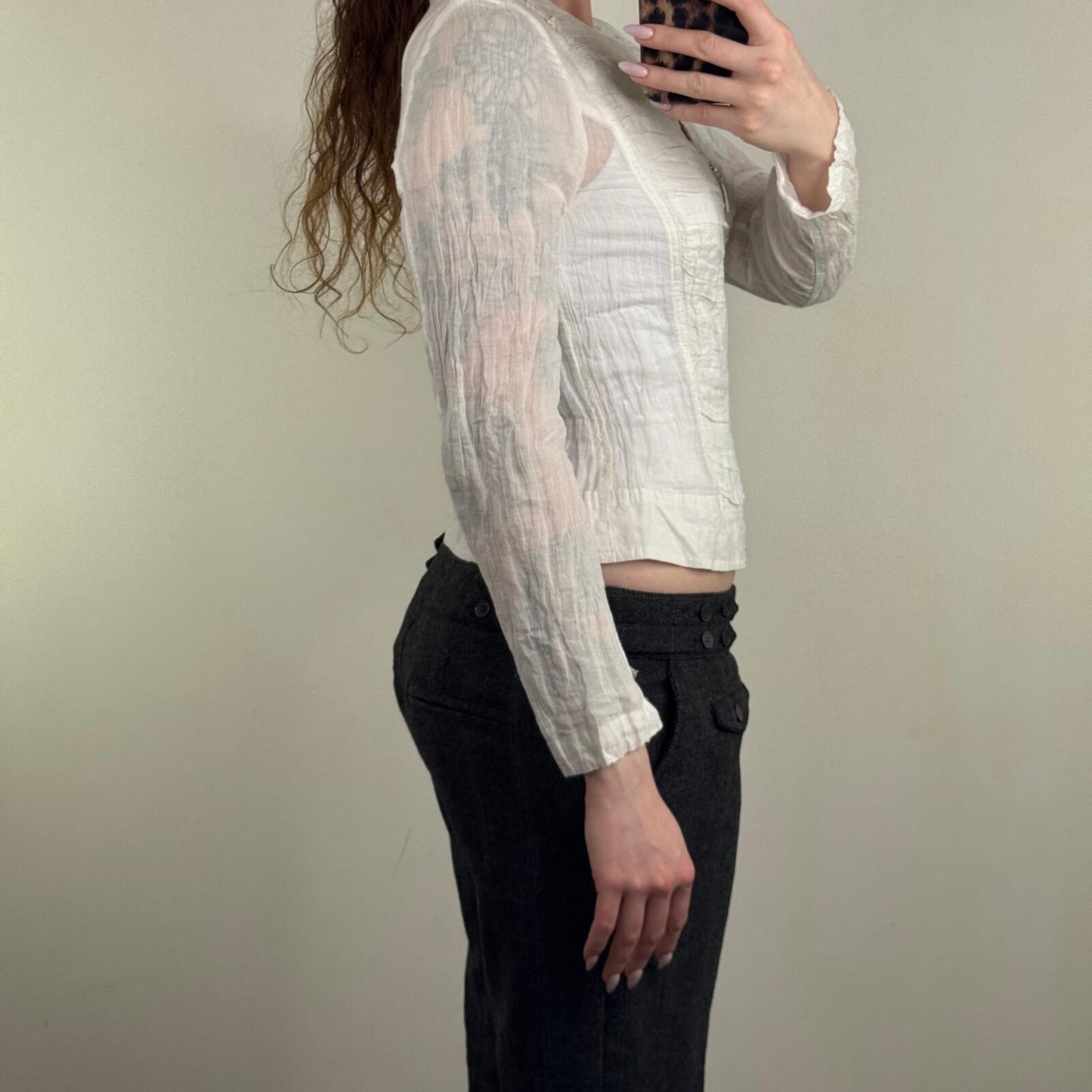 Y2K vintage blouse zip up long sleeve v neck sheer crinkle white silver
