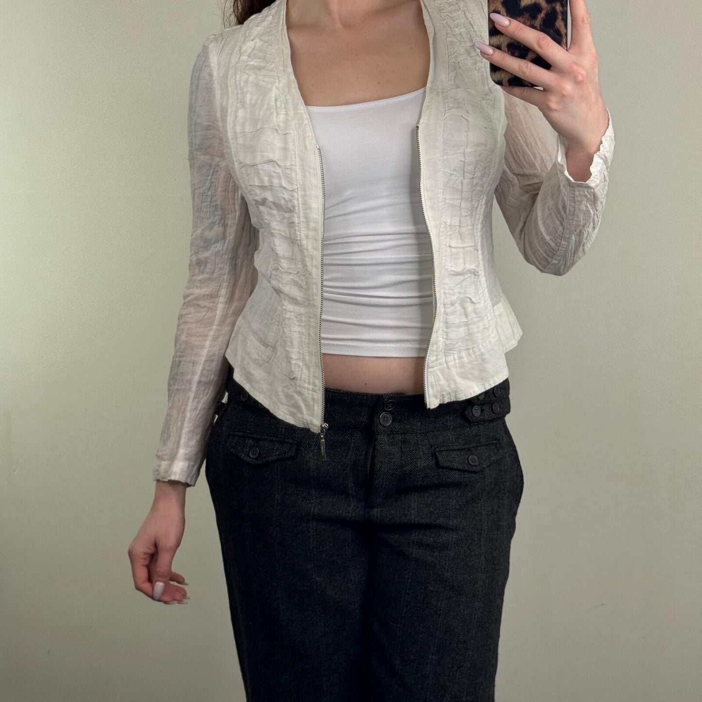 Y2K vintage blouse zip up long sleeve v neck sheer crinkle white silver