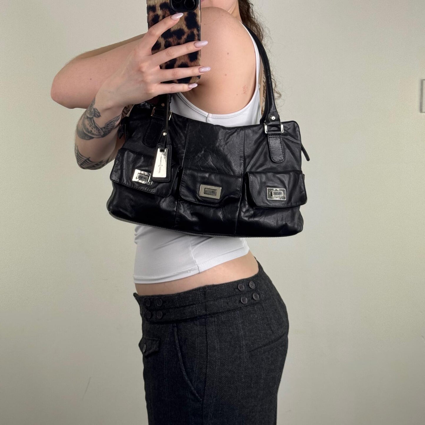 Y2K vintage shoulder bag genuine leather black silver cargo pockets utility