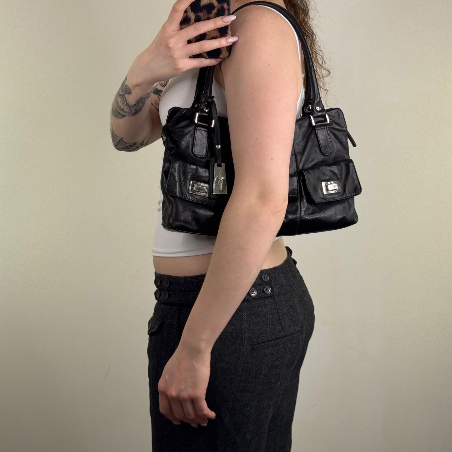 Y2K vintage shoulder bag genuine leather black silver cargo pockets utility