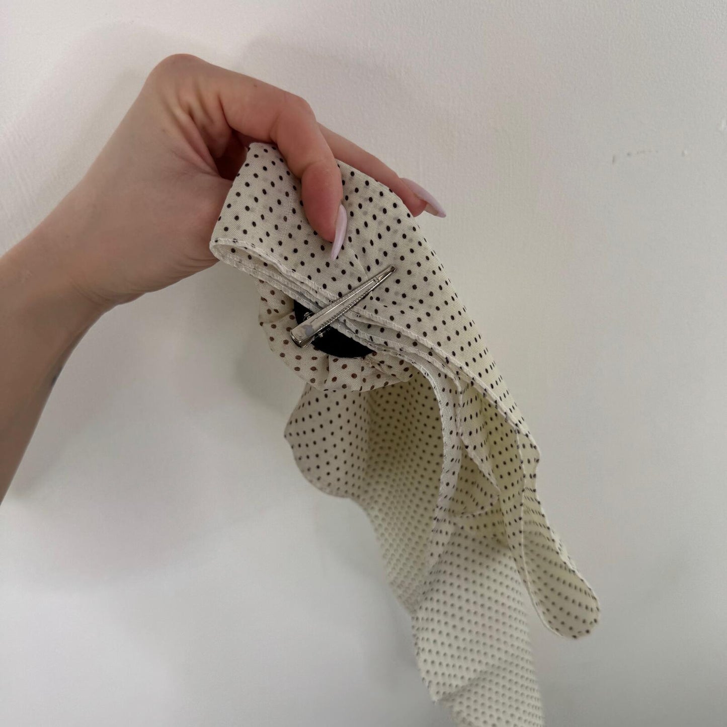 Y2K vintage scarf polka dot with floral clip cream sheer flower adjustable
