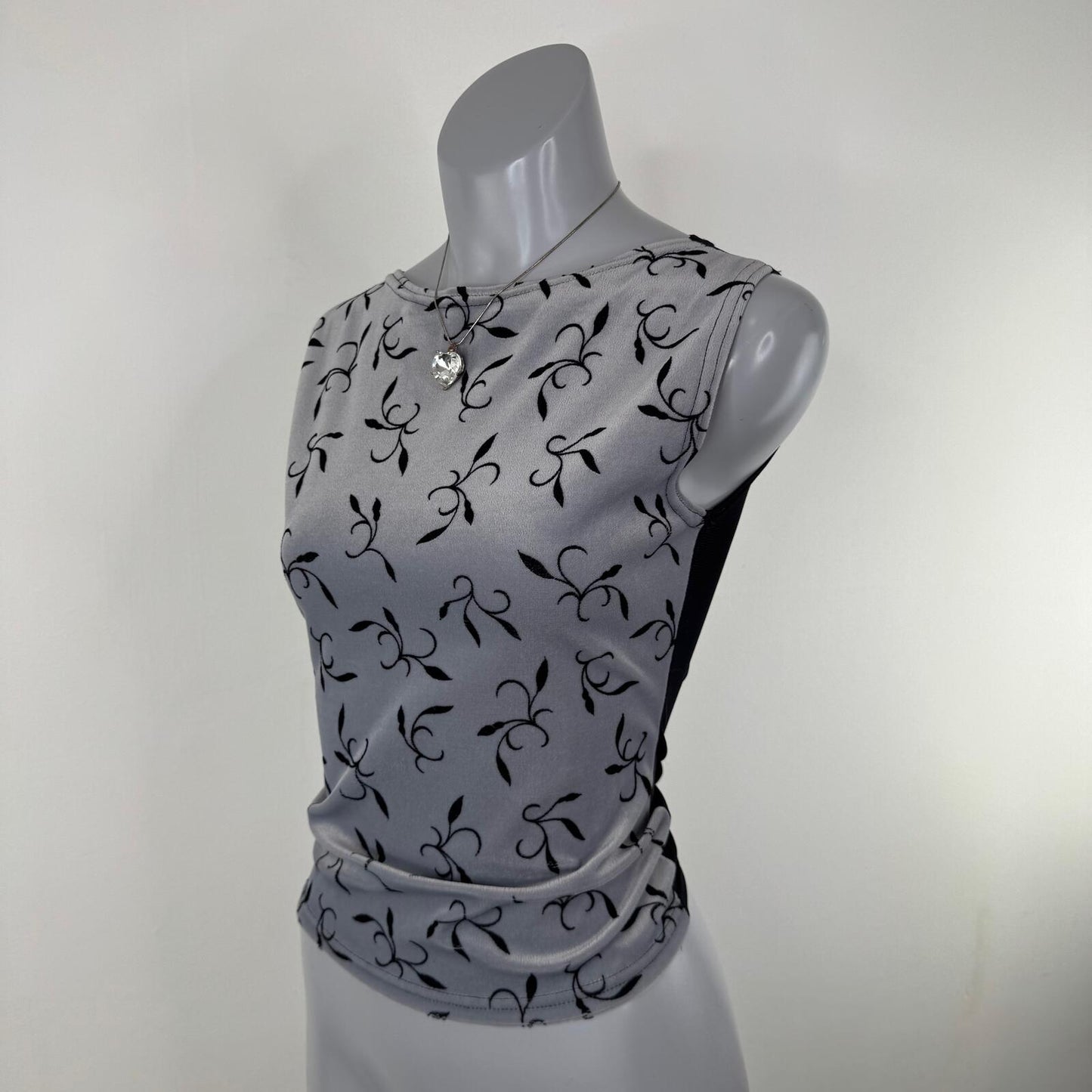 90s vintage tank top mesh high neck velvet pattern fitted stretchy leaves