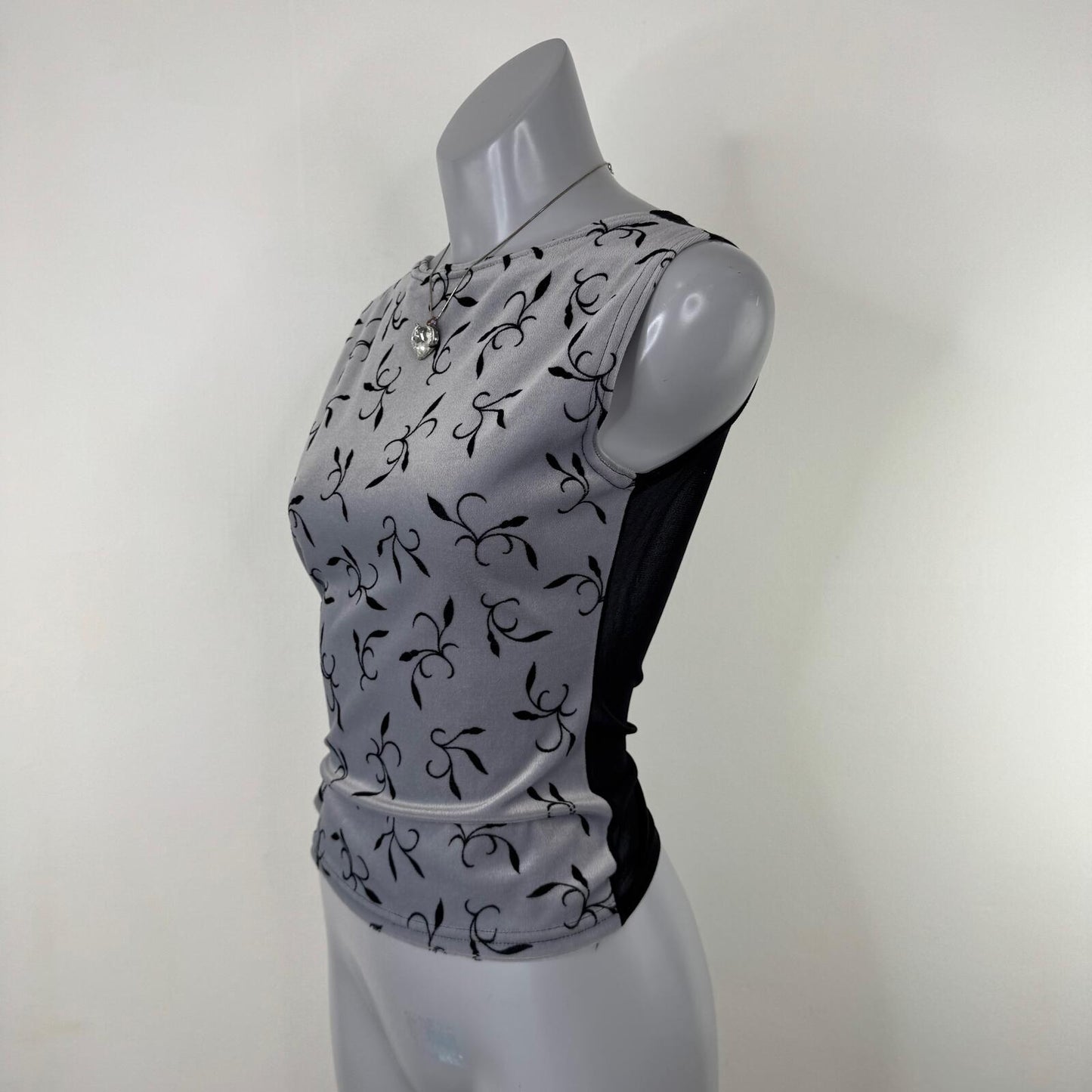 90s vintage tank top mesh high neck velvet pattern fitted stretchy leaves