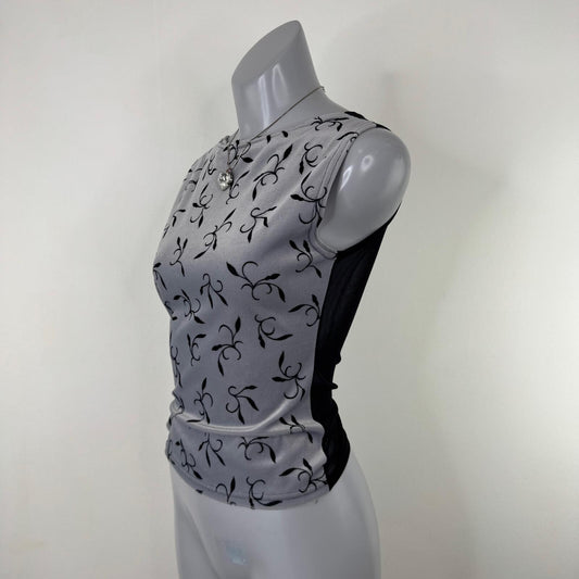 90s vintage tank top mesh high neck velvet pattern fitted stretchy leaves
