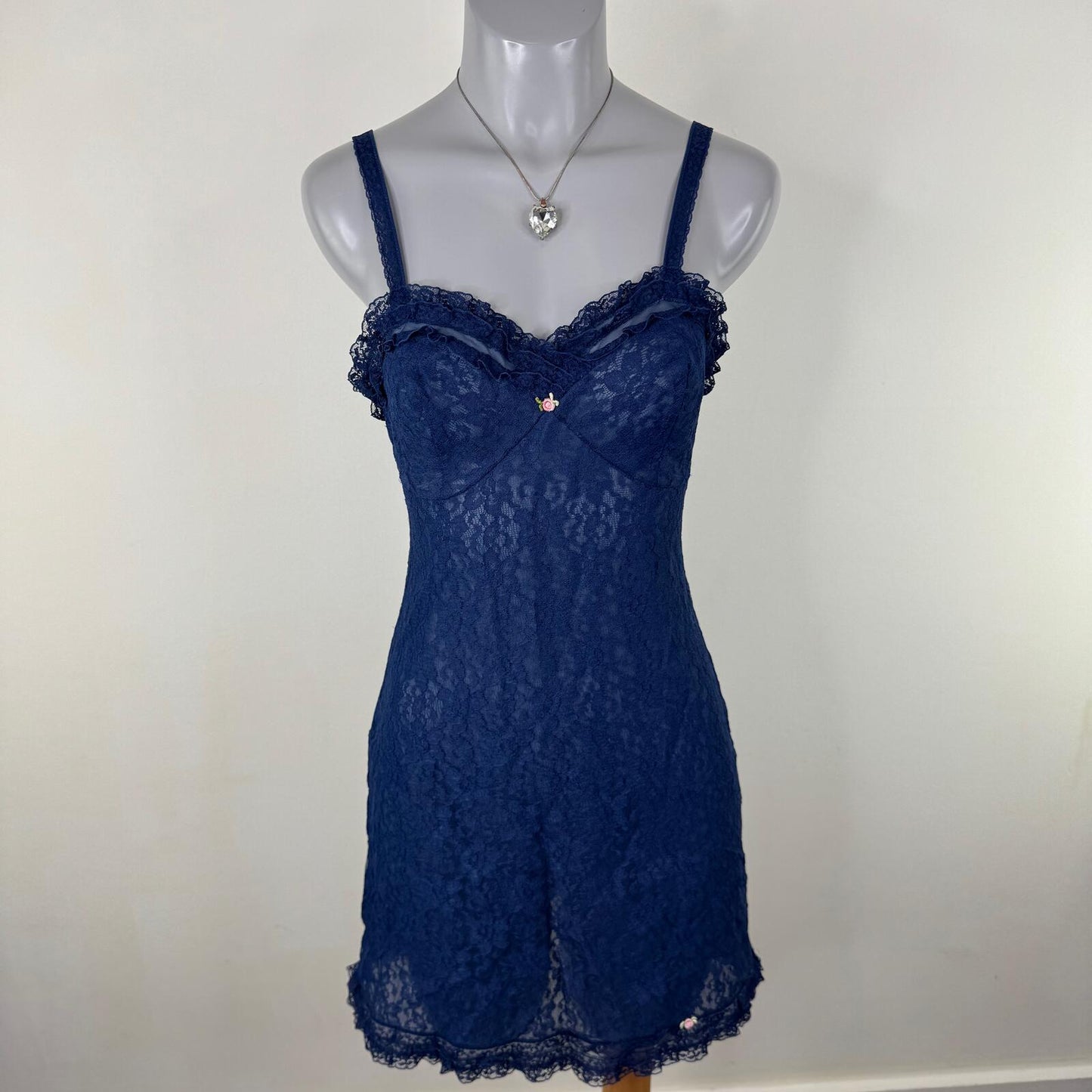 Vintage chemise dress lace floral navy frilly mesh ruffle mini babydoll short