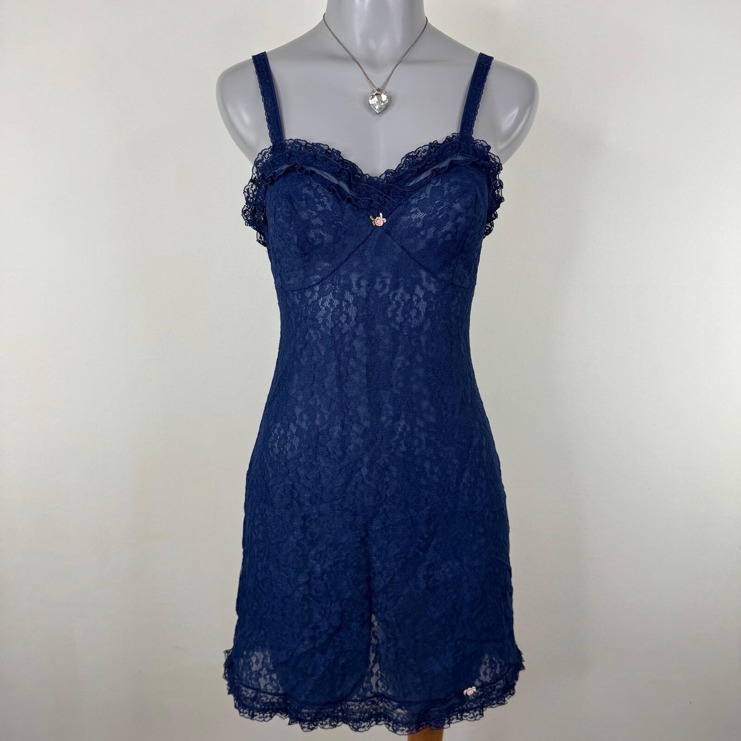 Vintage chemise dress lace floral navy frilly mesh ruffle mini babydoll short