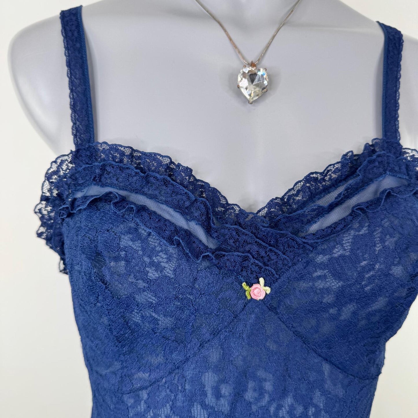 Vintage chemise dress lace floral navy frilly mesh ruffle mini babydoll short