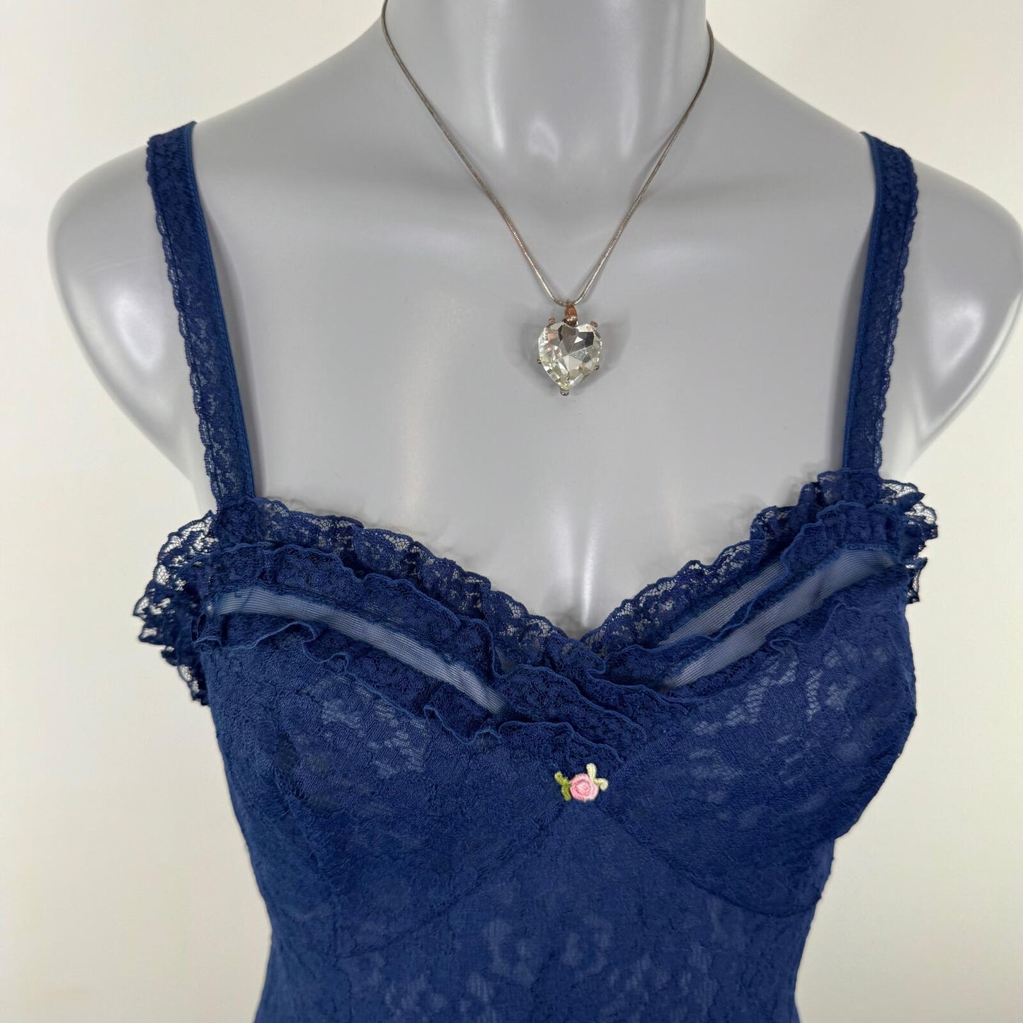 Vintage chemise dress lace floral navy frilly mesh ruffle mini babydoll short