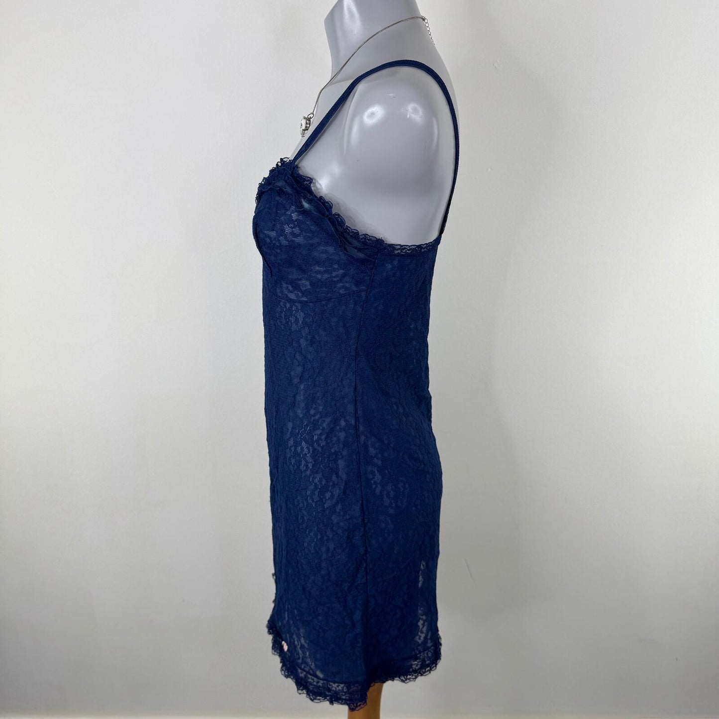 Vintage chemise dress lace floral navy frilly mesh ruffle mini babydoll short