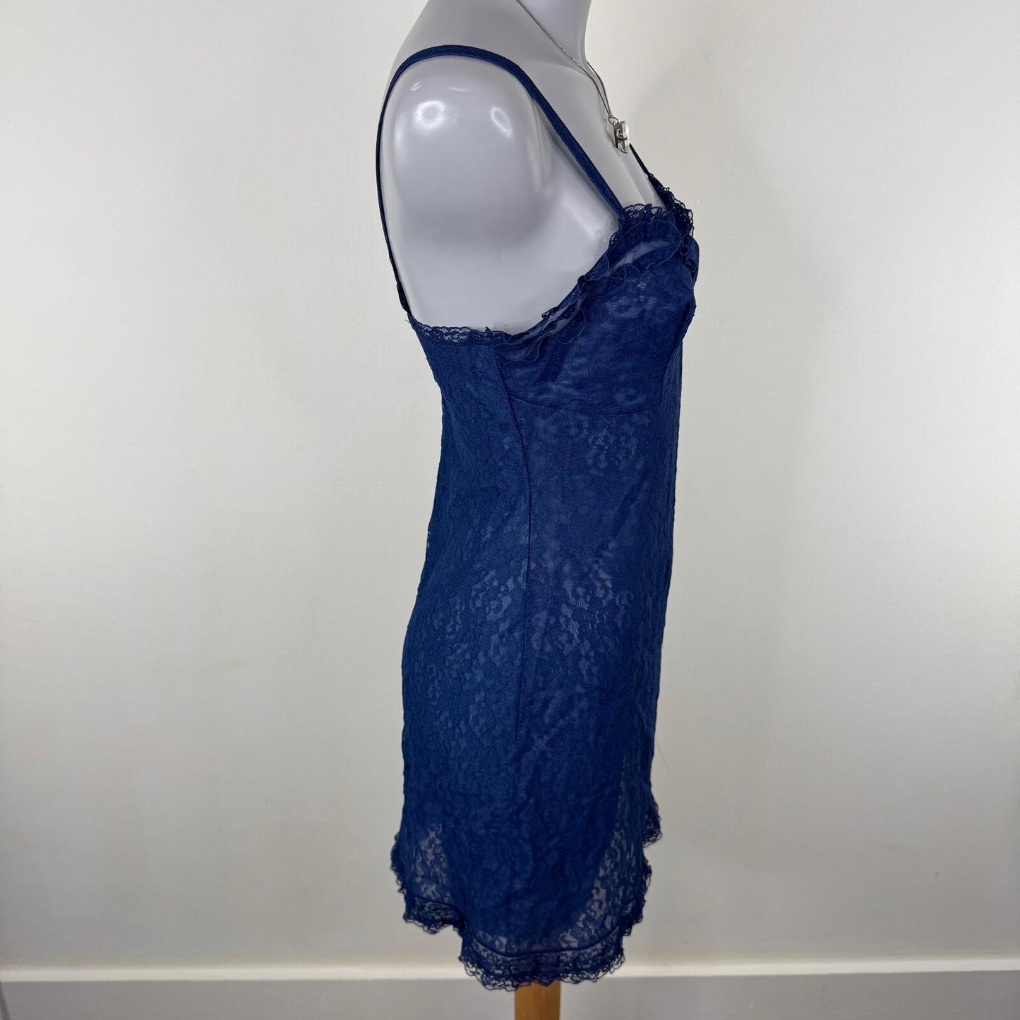 Vintage chemise dress lace floral navy frilly mesh ruffle mini babydoll short