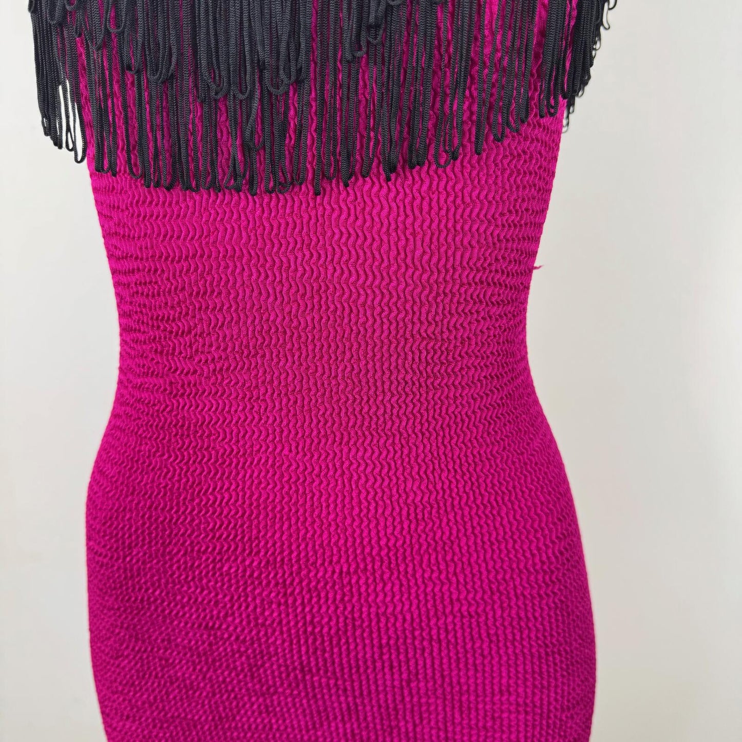 Vintage bodycon mini dress fitted fringe hot pink black low back wiggle flapper