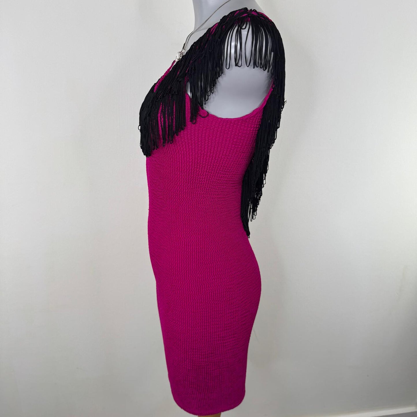 Vintage bodycon mini dress fitted fringe hot pink black low back wiggle flapper