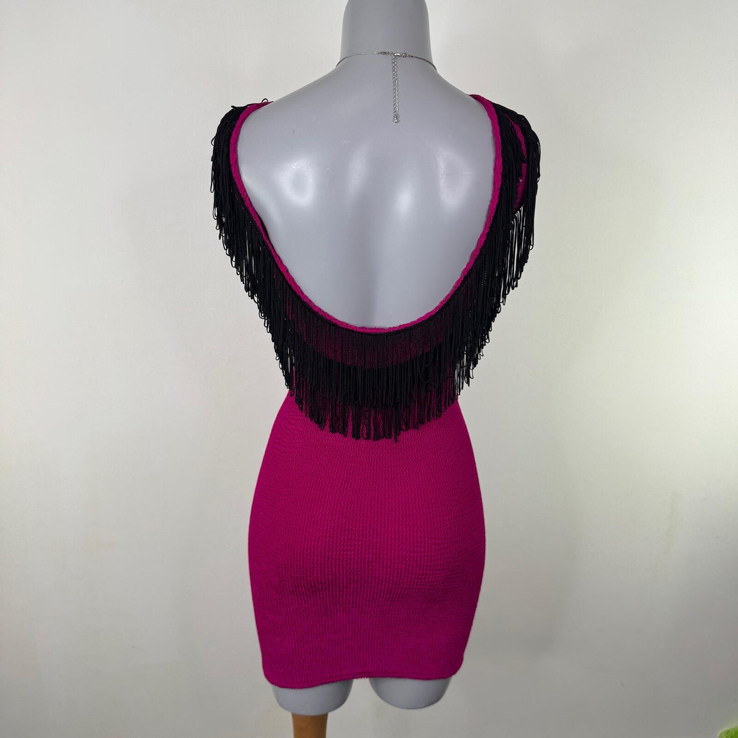 Vintage bodycon mini dress fitted fringe hot pink black low back wiggle flapper