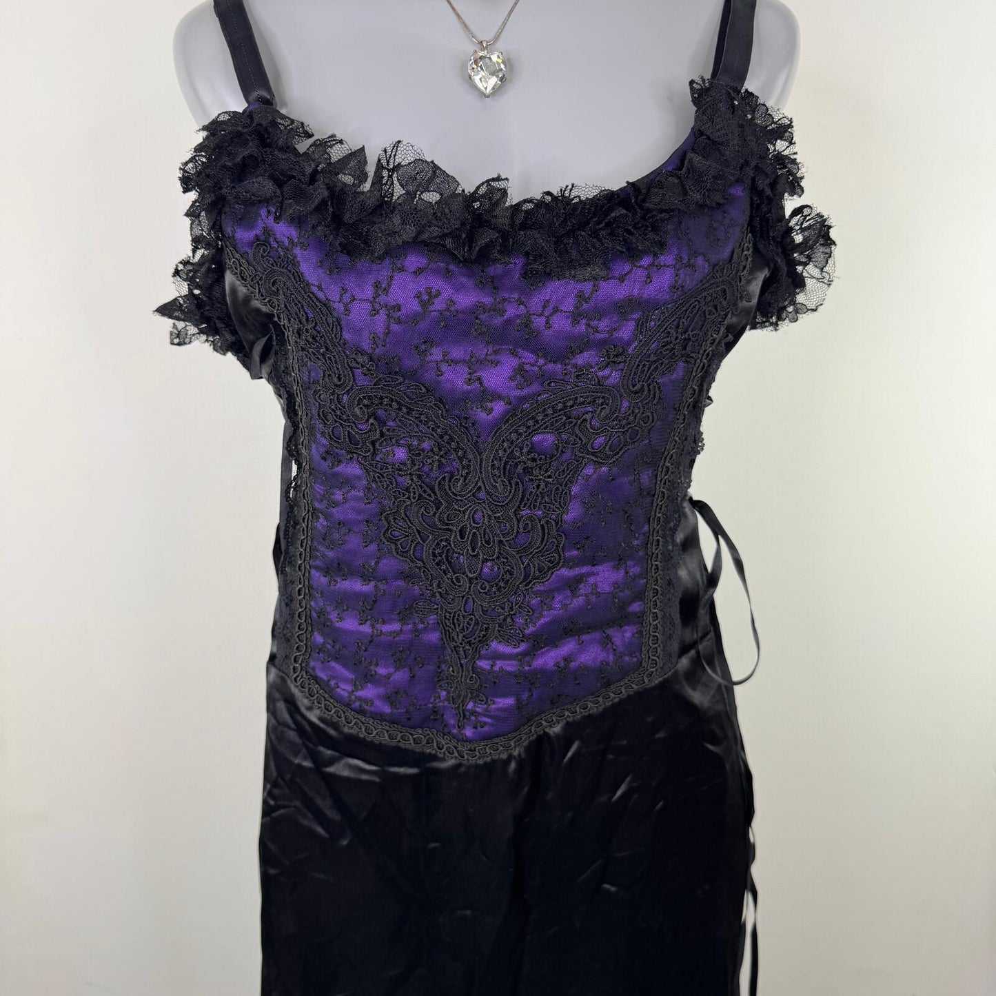 90s vintage Raven dress maxi purple black lace up ruffle mesh satin goth