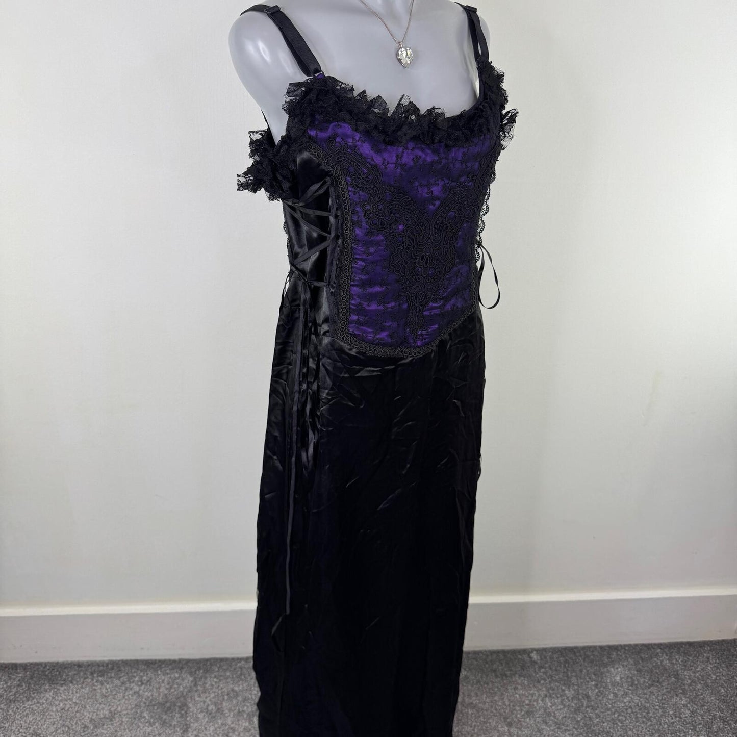 90s vintage Raven dress maxi purple black lace up ruffle mesh satin goth