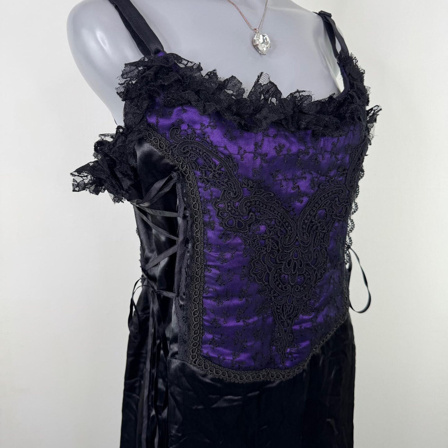 90s vintage Raven dress maxi purple black lace up ruffle mesh satin goth