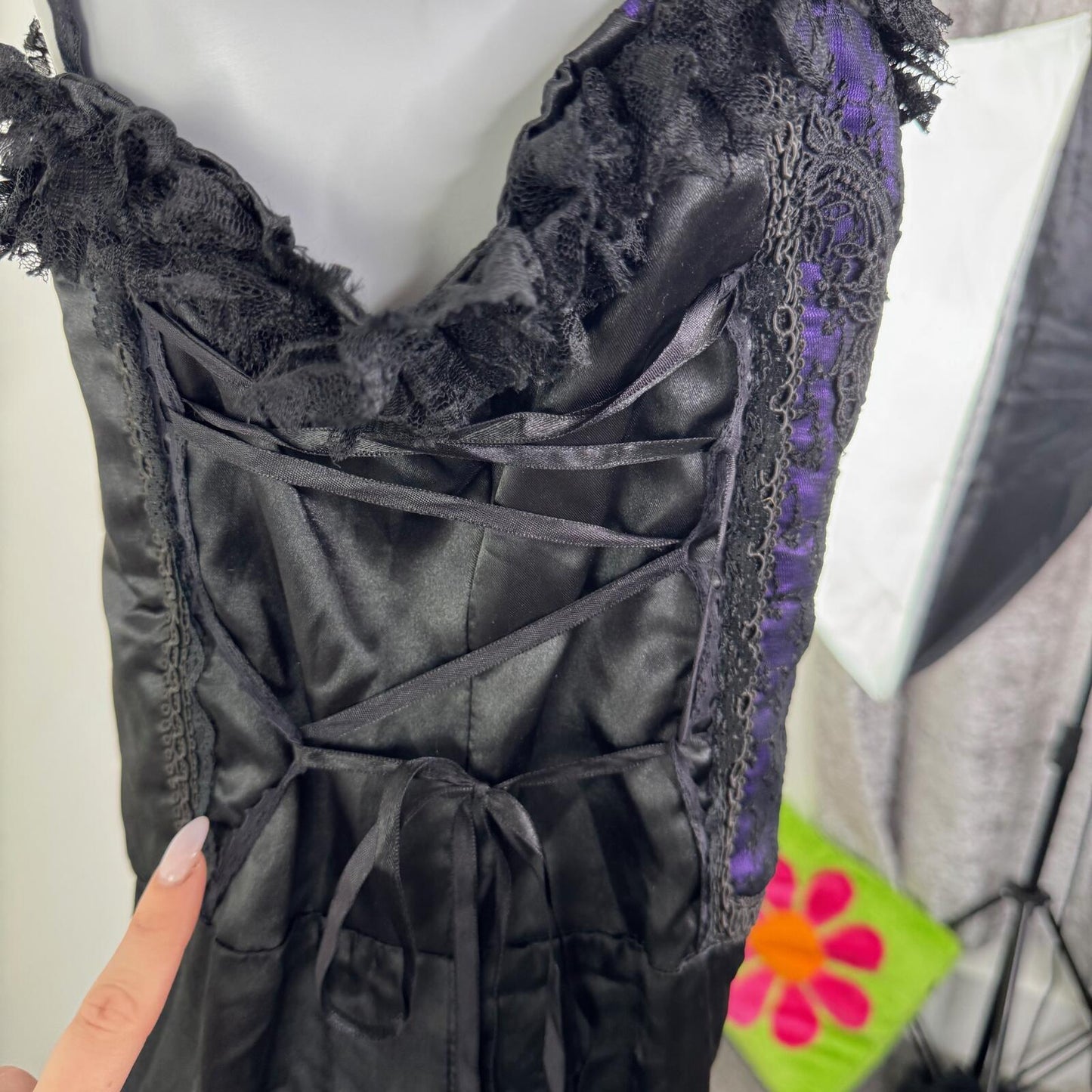 90s vintage Raven dress maxi purple black lace up ruffle mesh satin goth