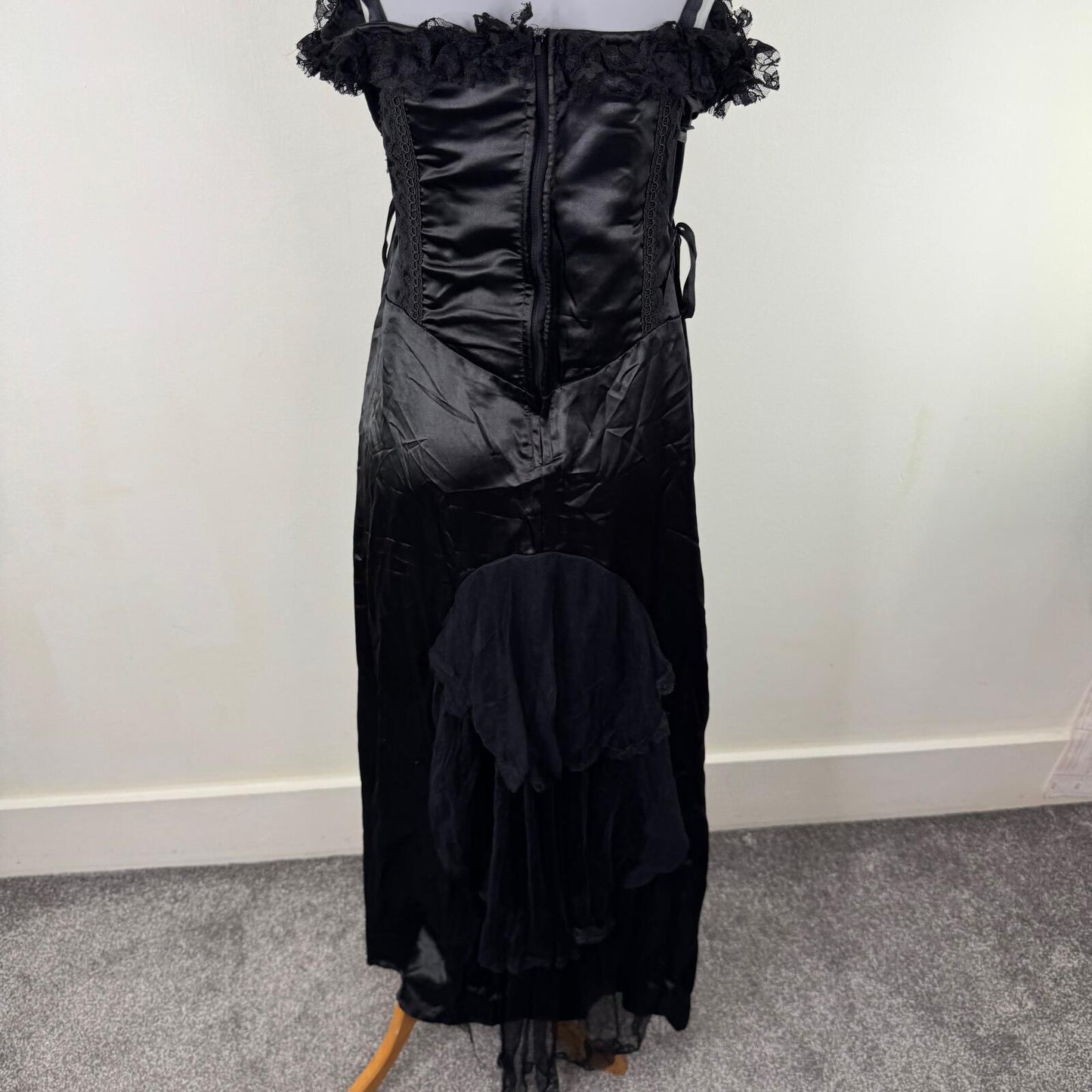 90s vintage Raven dress maxi purple black lace up ruffle mesh satin goth