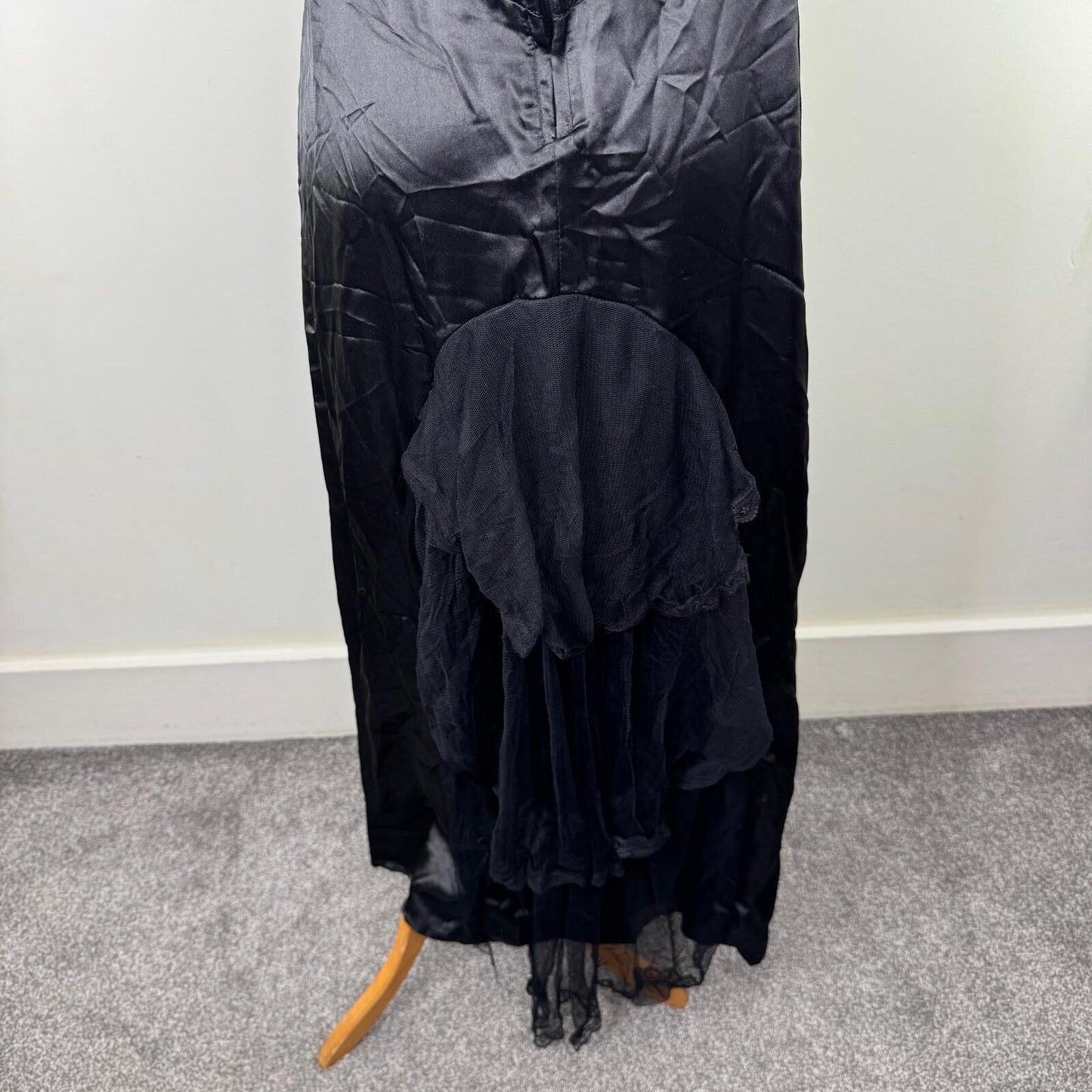 90s vintage Raven dress maxi purple black lace up ruffle mesh satin goth