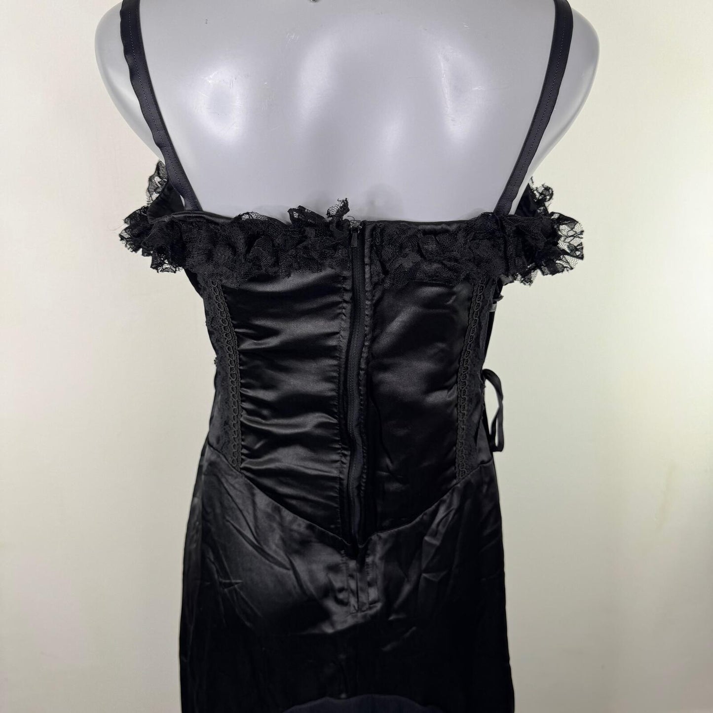 90s vintage Raven dress maxi purple black lace up ruffle mesh satin goth