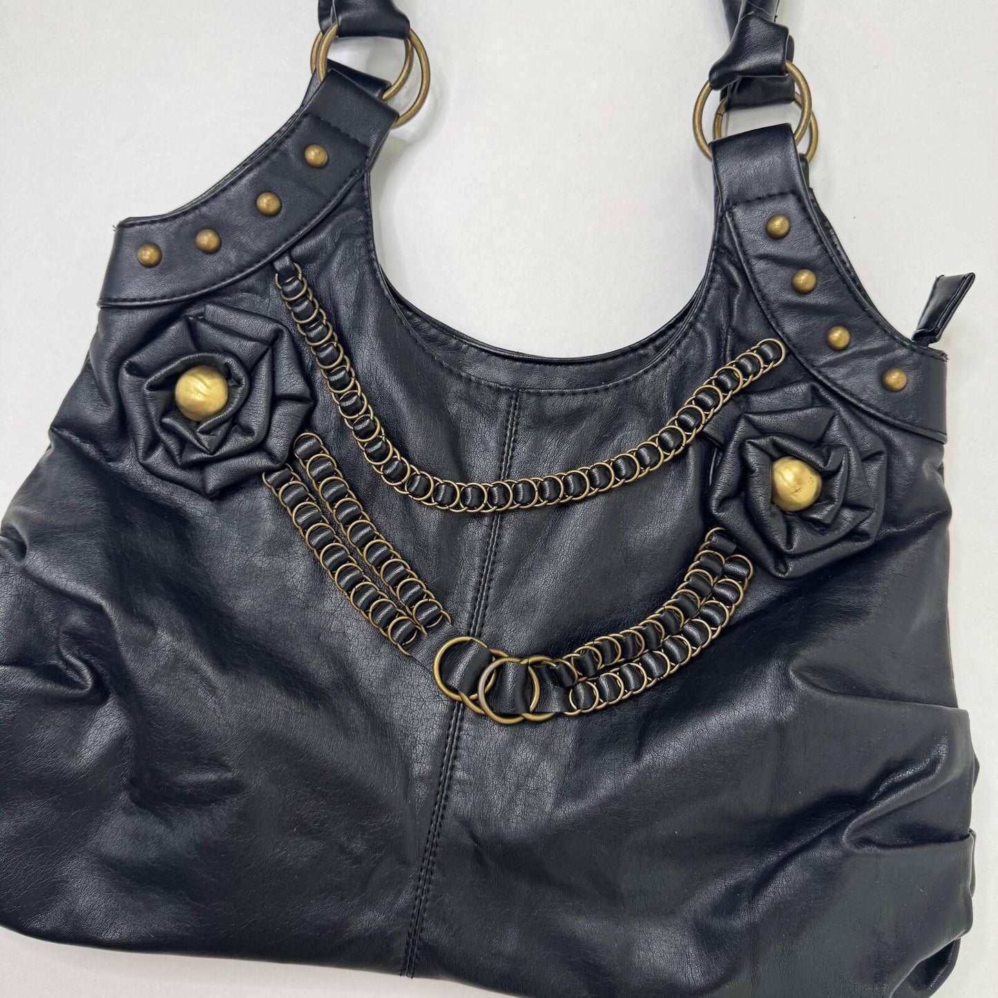 Y2K vintage shoulder bag faux leather studded rose o rings medium black gold