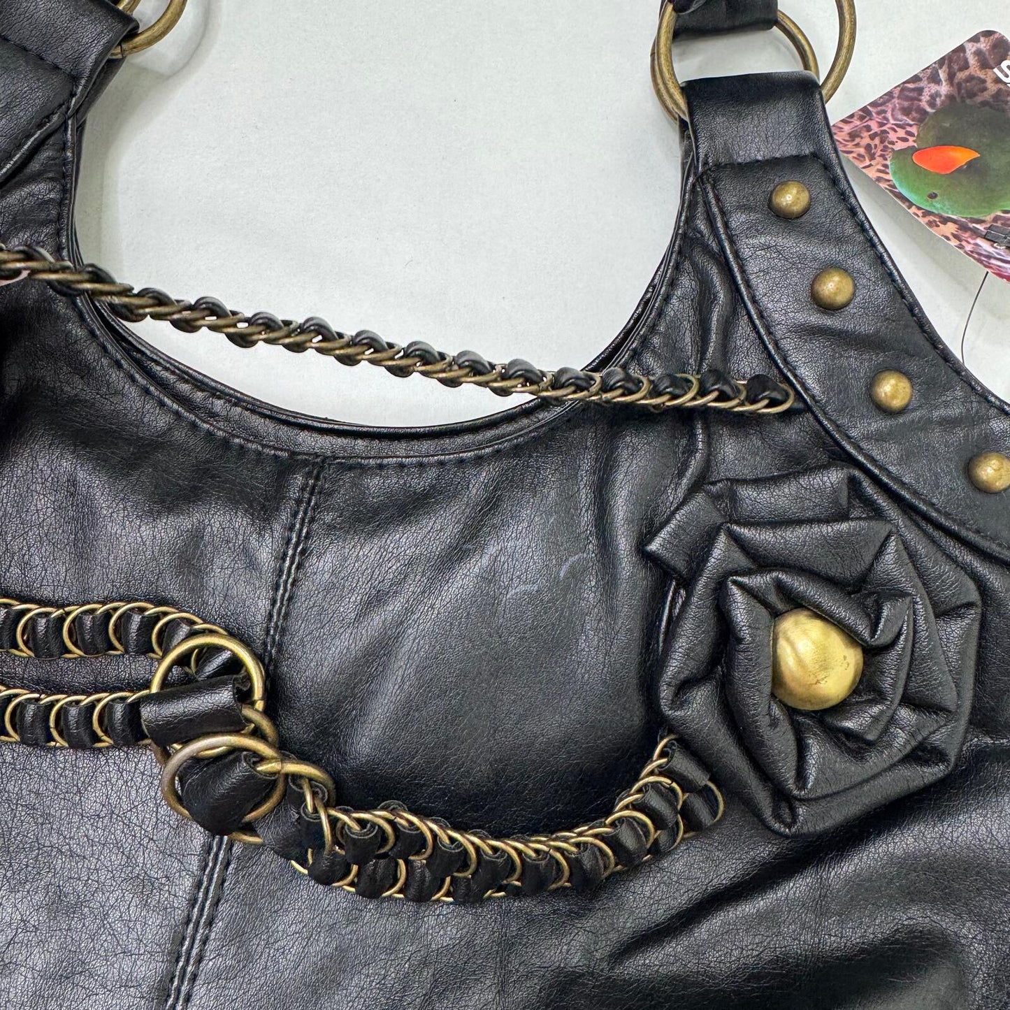 Y2K vintage shoulder bag faux leather studded rose o rings medium black gold