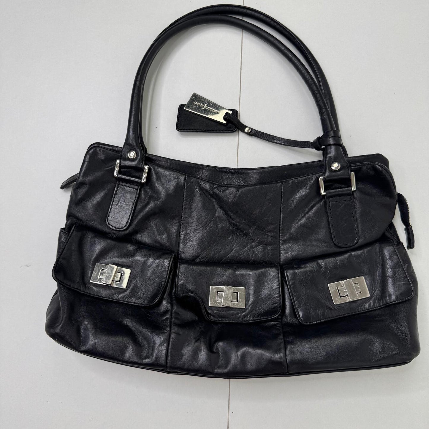 Y2K vintage shoulder bag genuine leather black silver cargo pockets utility