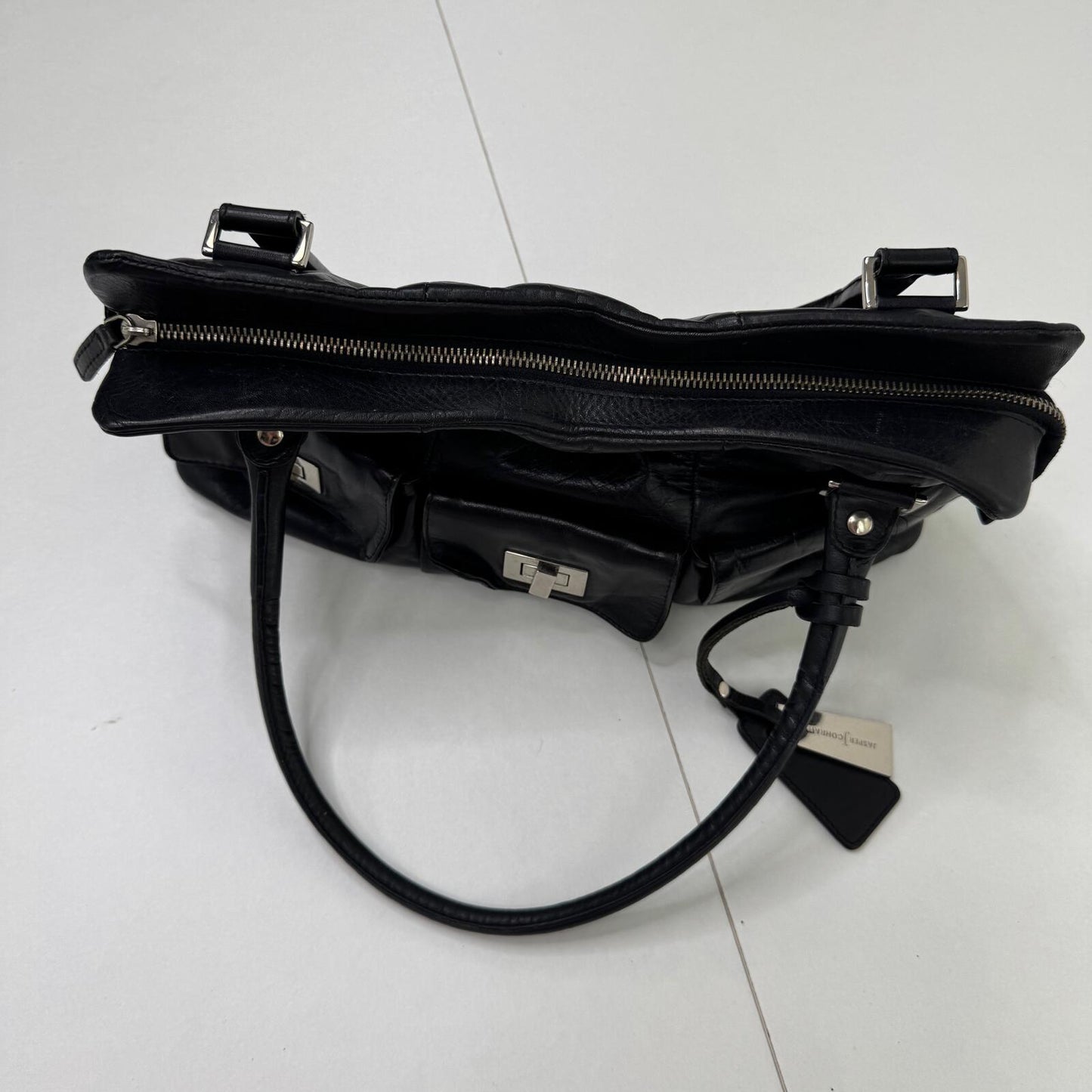 Y2K vintage shoulder bag genuine leather black silver cargo pockets utility