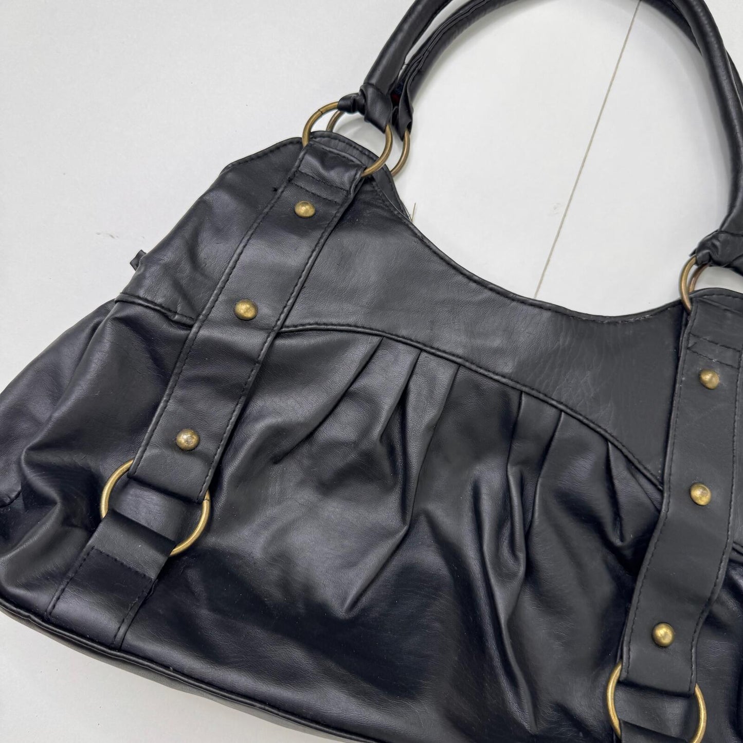 Y2K vintage shoulder bag faux leather studded ruched o ring medium size