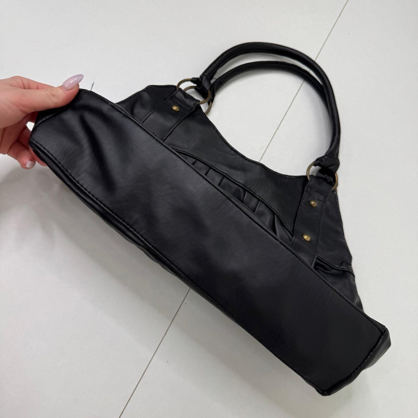Y2K vintage shoulder bag faux leather studded ruched o ring medium size