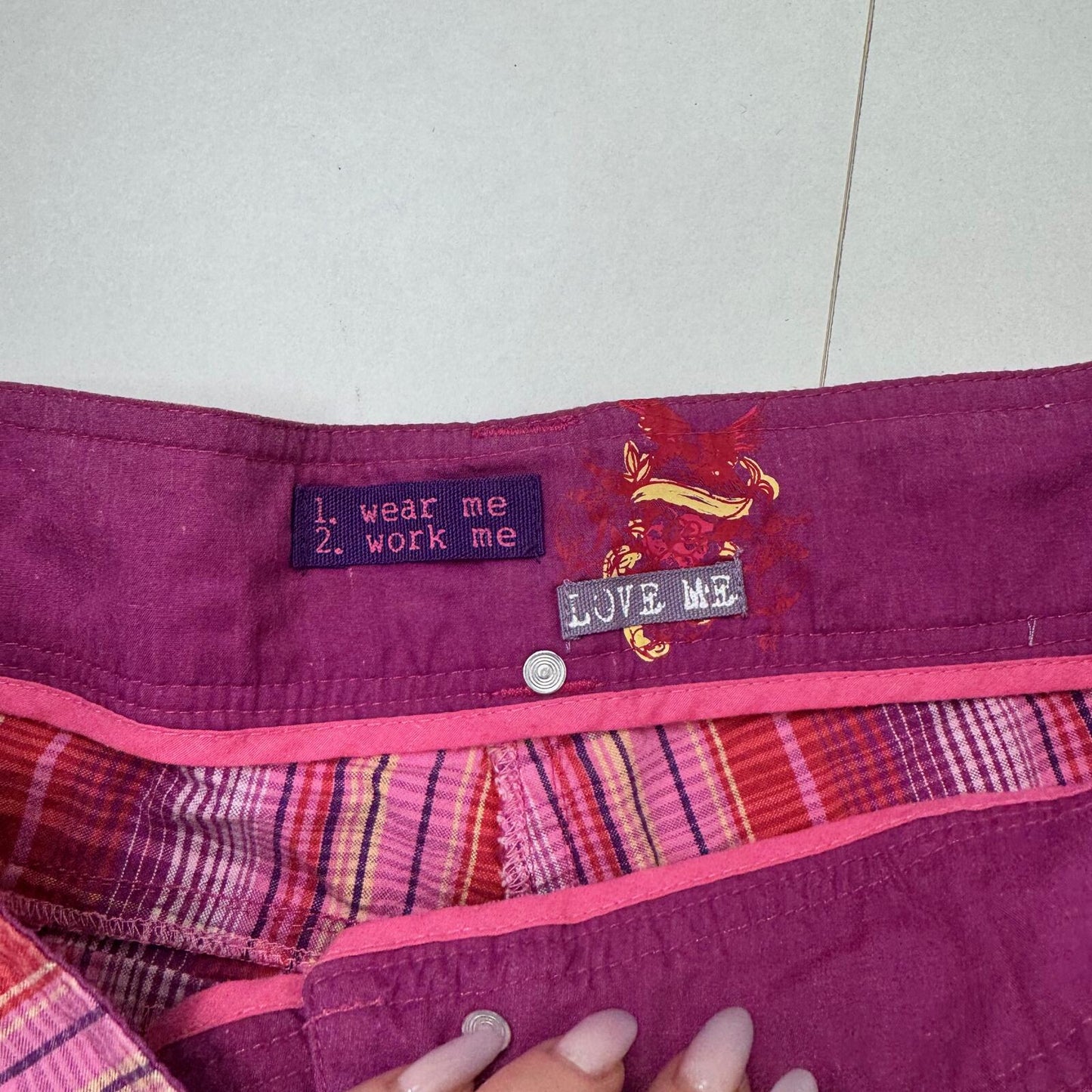 Y2K vintage mini shorts tartan check print cargo pink purple red utility