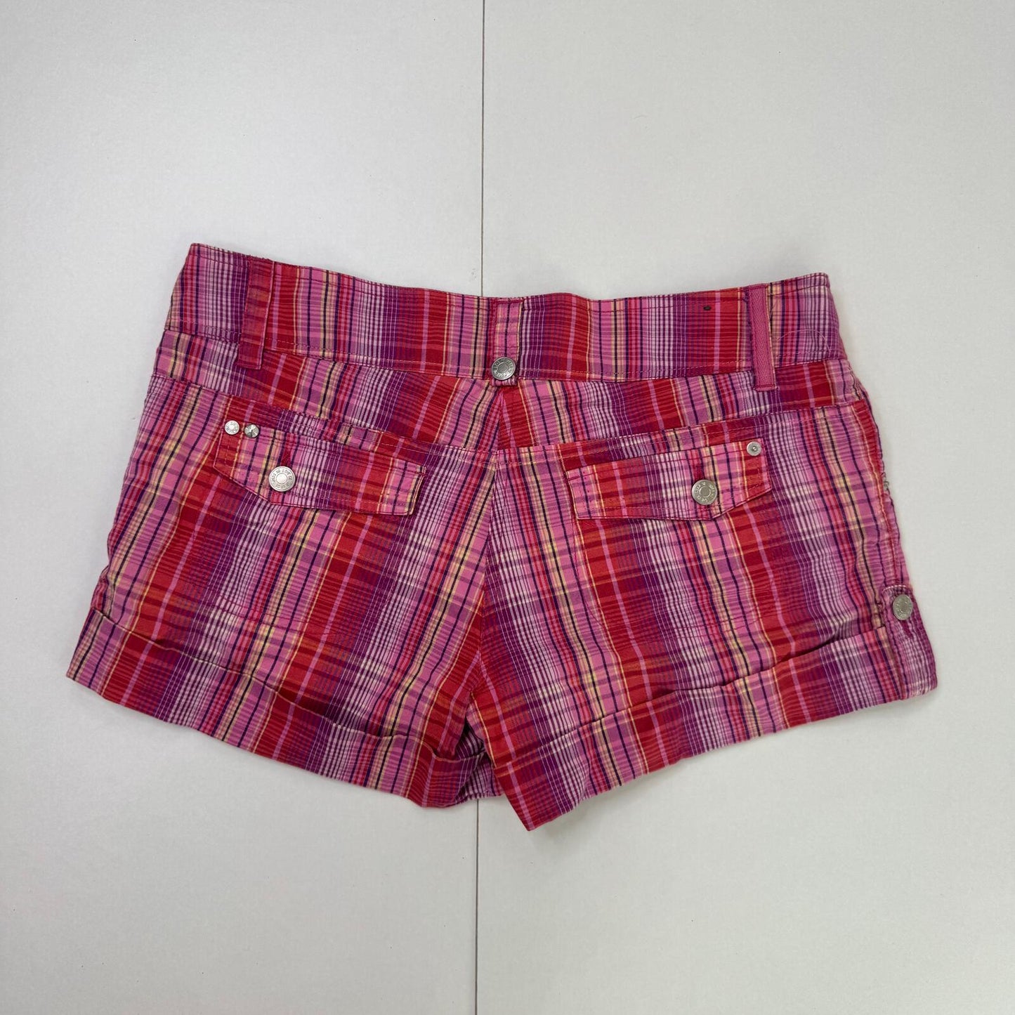Y2K vintage mini shorts tartan check print cargo pink purple red utility