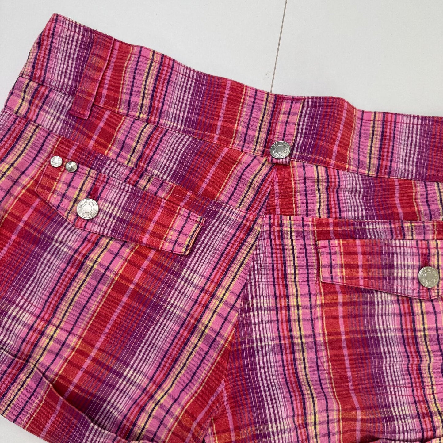 Y2K vintage mini shorts tartan check print cargo pink purple red utility