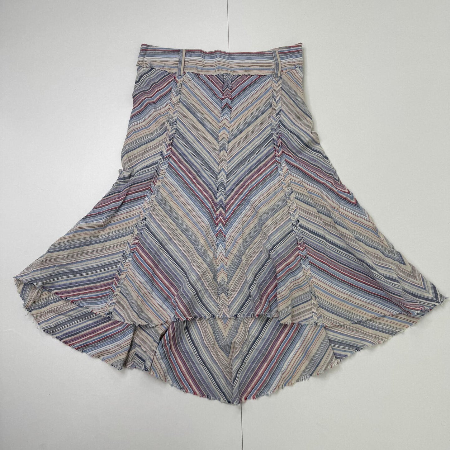 Y2K vintage maxi skirt stripe chevron a line curved asymmetrical hem fraying hem