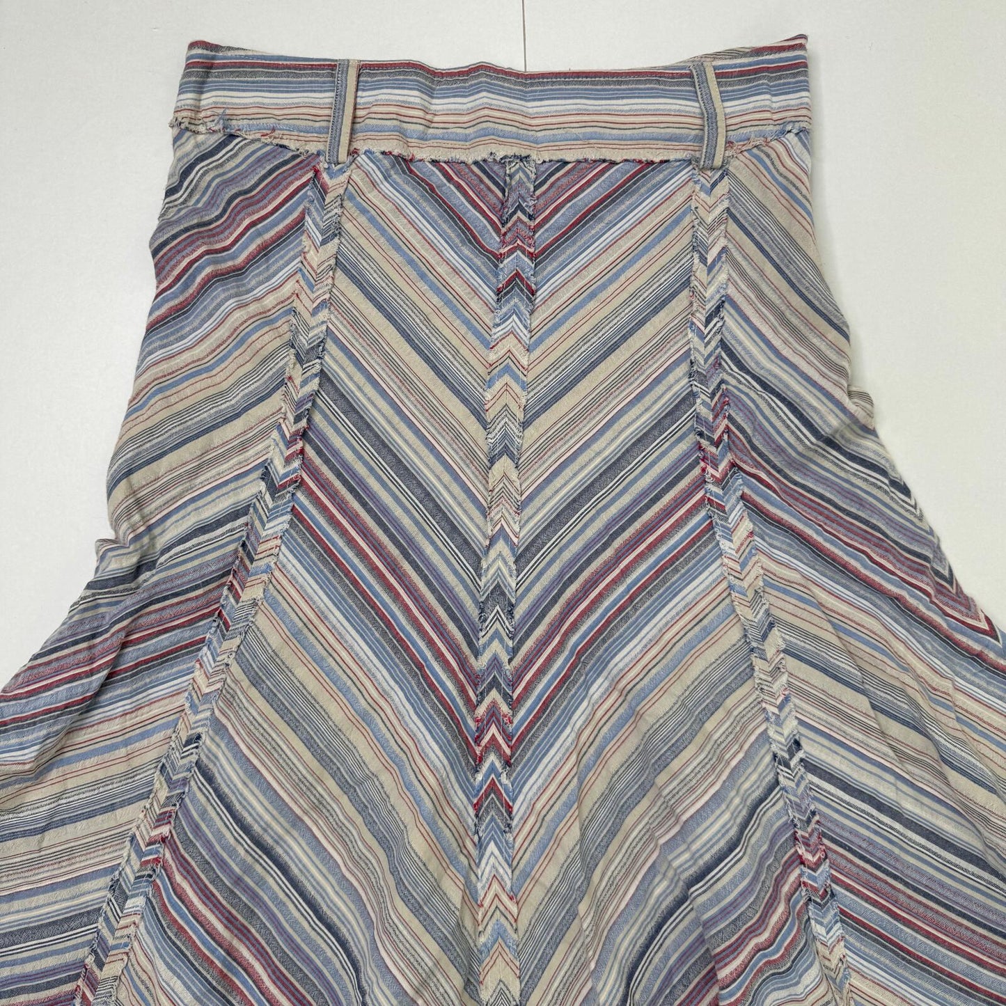 Y2K vintage maxi skirt stripe chevron a line curved asymmetrical hem fraying hem